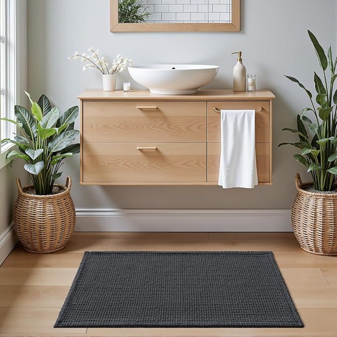 DEXI Bathroom Rugs 24x16, Non Slip Washable Bath Mat, Absorbent Chenille Bathmat, Ultra Soft Thick Carpet for Tub Shower Floor, Dark Grey