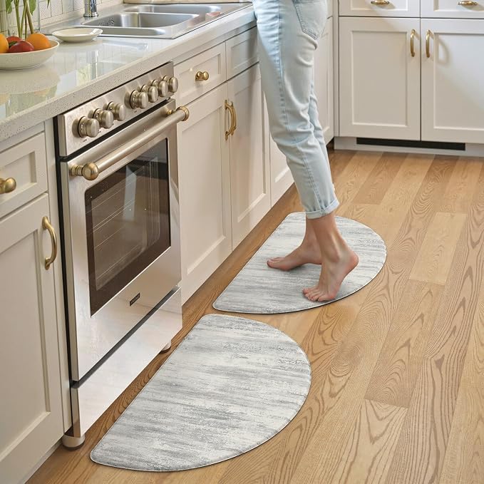 KIMODE Kitchen Mats Cushioned Anti Fatigue, 18"x28" Half Round Abstract Kitchen Rugs Sets of 2, Non Slip Waterproof Kitchen Floor Mats, Comfort Standing Mats for Laundry Office Sink Desk Gray