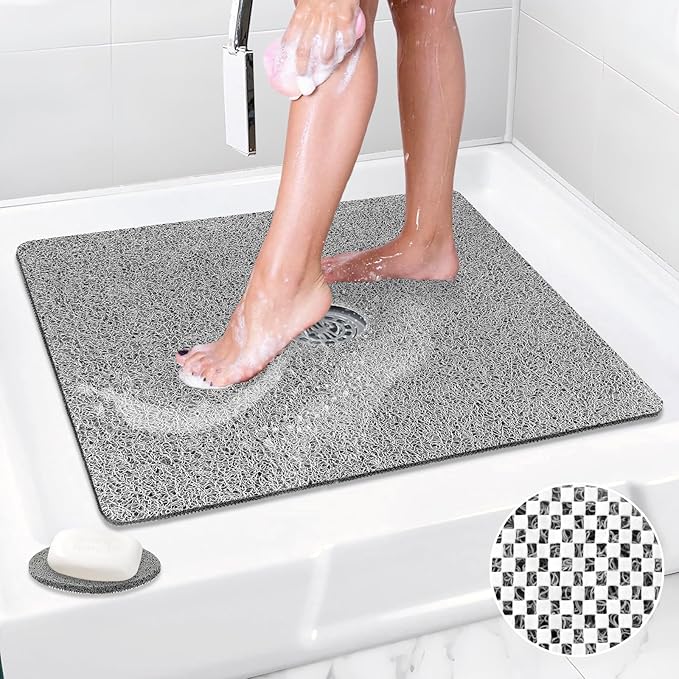 Shower Mat Non Slip: 21 x 21 Inch Square Shower Mats with Drain Hole in Middle - Soft Loofah Quick Drying Matt for Shower Stall