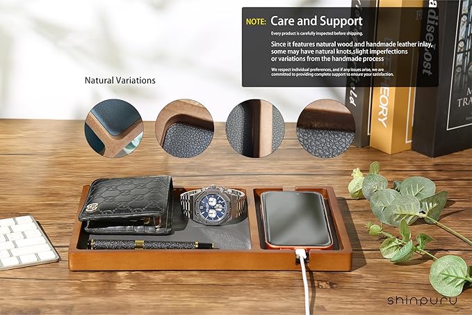 Shinpuru Wooden Valet Tray for Men, Nightstand Organizer with Leather Inlay, EDC Essentials Catchall Tray for Keys, Phone, Wallet, Watch, Earbuds - Bedside Desk Entryway Tray (Wood-Phone)
