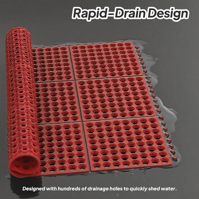 ROVSUN Rubber Floor Mat with Holes, Anti-Fatigue/Non-Slip Drainage Mat, for Industrial Kitchen Restaurant Bar Bathroom Utility Garage Pool Entry Door Mat, Indoor (36''x 36'' Red 1Pcs)