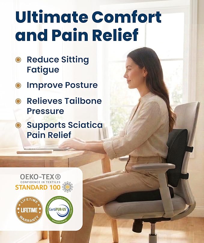 Everlasting Comfort Doctor Recommended Memory Foam Seat Cushion for Office Chairs & Car - Ergonomic Office Desk Accessories - Cushions for Tailbone Pain Relief, Sciatica (Black Airflow Lumbar, Large)