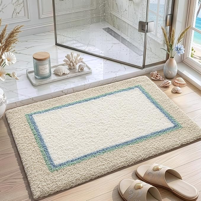 DEXI Bathroom Rugs 32x20, Absorbent Extra Soft Plush Microfiber Bath Mat for Bathroom, Non Slip Washable Bathmat Quick Dry for Shower Floor, Sink, Tub, Laundry Room, Beige and White