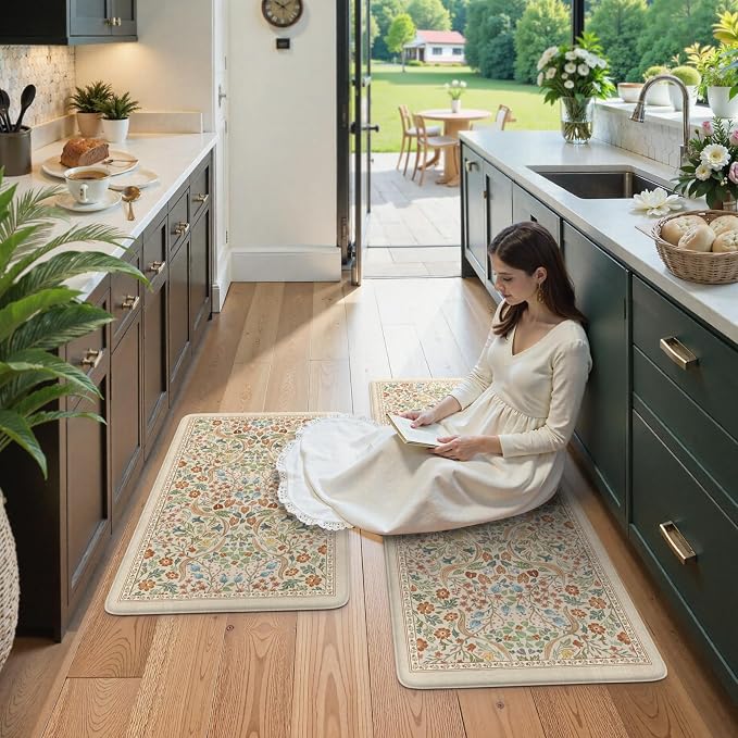 Collive Anti Fatigue Mats for Kitchen Floor, Waterproof Non Skid Kitchen Rugs Sets of 2 Beige Vintage Floral Rug, Foam Comfort Standing Mat for Office, Sink, Laundry