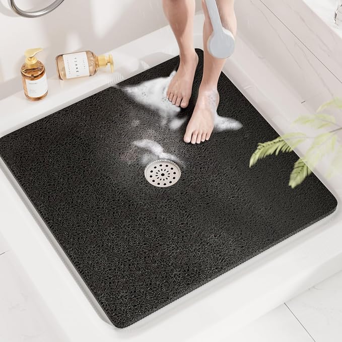 HITSLAM Square Shower Mat, 32 x 32 Inch Non Slip Bath Mat for Tub, Soft PVC Loofah Bathtub Mats with Drain Holes, Quick Drying Bathroom Stall Floor Mat, Bathroom Accessories Without Suction Cup, Black