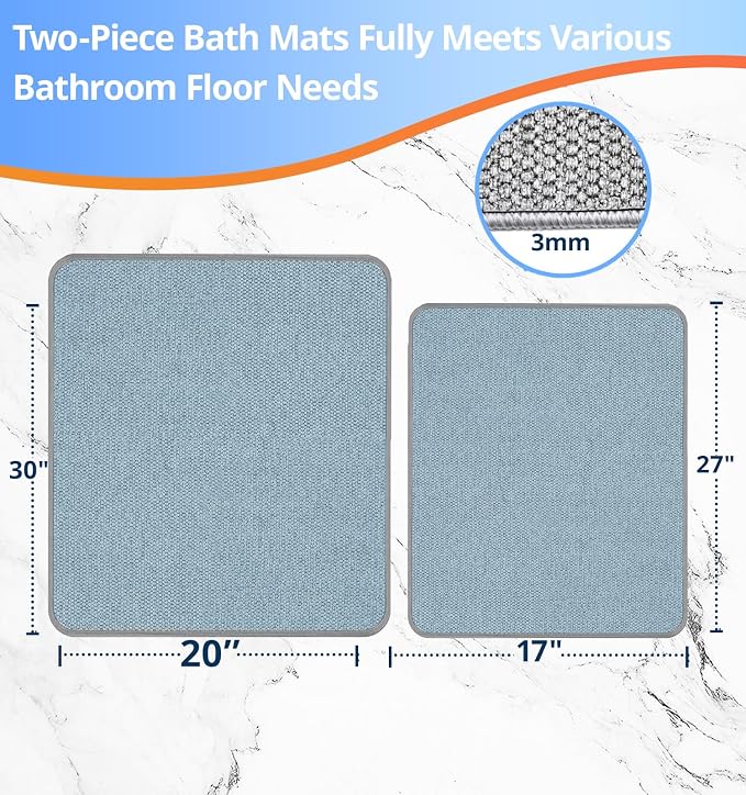 HOMTEB Bathroom Rugs Sets 2 Piece, Thin Bath Mat Absorbent Quick Dry, Machine Washable, Rubber Backing for Non Slip, Low Pile Cozy Cloth Bathroom Rug Set for Tub/Sink/Shower (27"x17" & 30"x20", Blue)