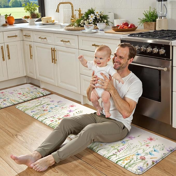 KIMODE Kitchen Mats Cushioned Anti Fatigue, Summer Farmhouse Flower Kitchen Rugs Sets of 2, Padded Kitchen Floor Mats, Non Slip Standing Mats for Sink Laundry Office Desk White 20"x59"+20"x32"