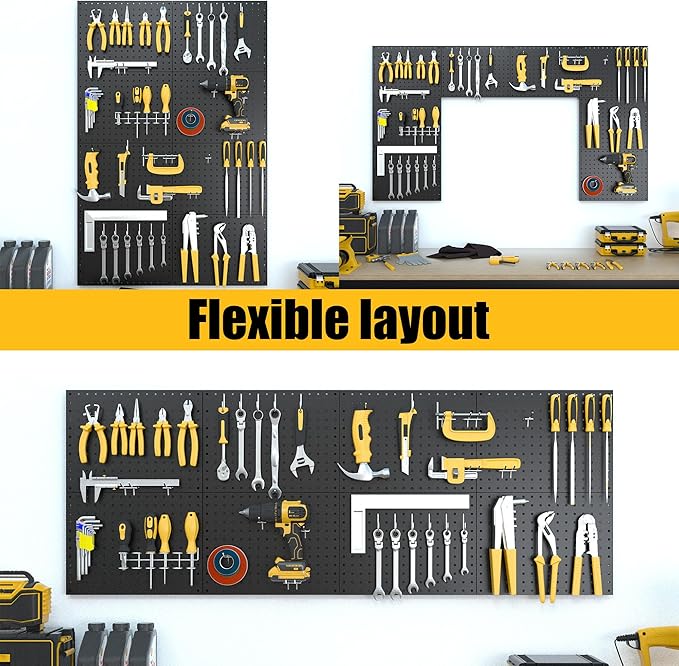 Spampur Peg Board, 8 Pack Metal Pegboard Panels with 50 Hooks, Black Pegboards Wall Organizer, Heavy Duty Peg Board for Walls Home, Garage Tool Storage, Office Organization, Craft Room, Kitchen