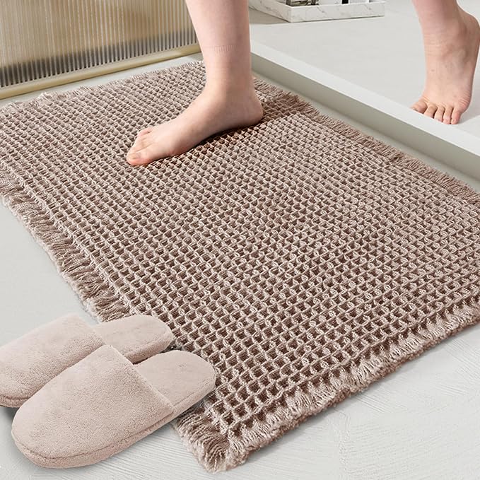 ZALL Tan Waffle Bath Mat,Super Absorbent Non Slip Bathroom Rug,Brown 18x30inch,Machine Washable Ultra Soft Floor Mats