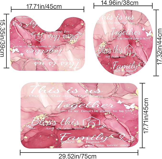 4Pcs Family Marble Shower Curtain Set,Light Pink Home Inspirational Bathroom Sets with Shower Curtain and Rugs, Bathroom Decor Set,Waterproof Bathroom Curtains Shower Set,with 12 Pcs Hooks