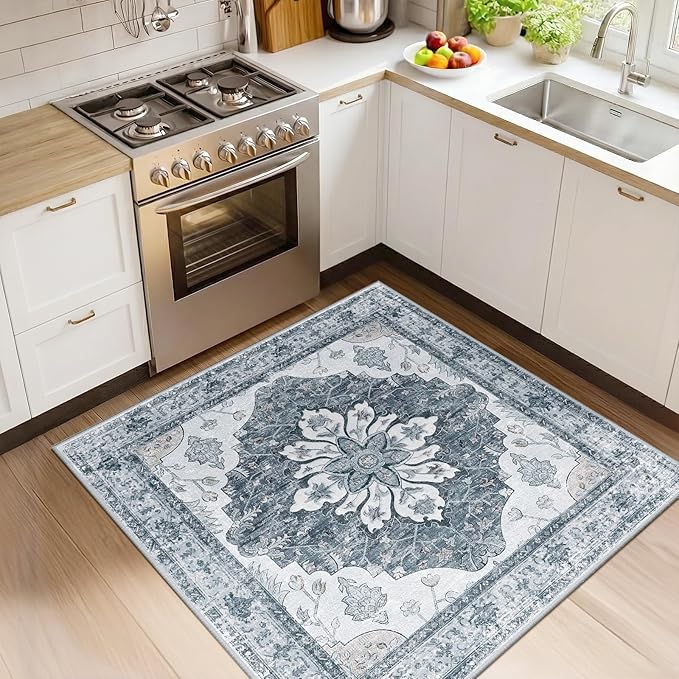 RELEANY Area Rugs Square 4ft Washable Non-Slip, Floral Vintage Distress Medallion Carpet for Living Room Bedroom Dining Room, Light Gray Grey White