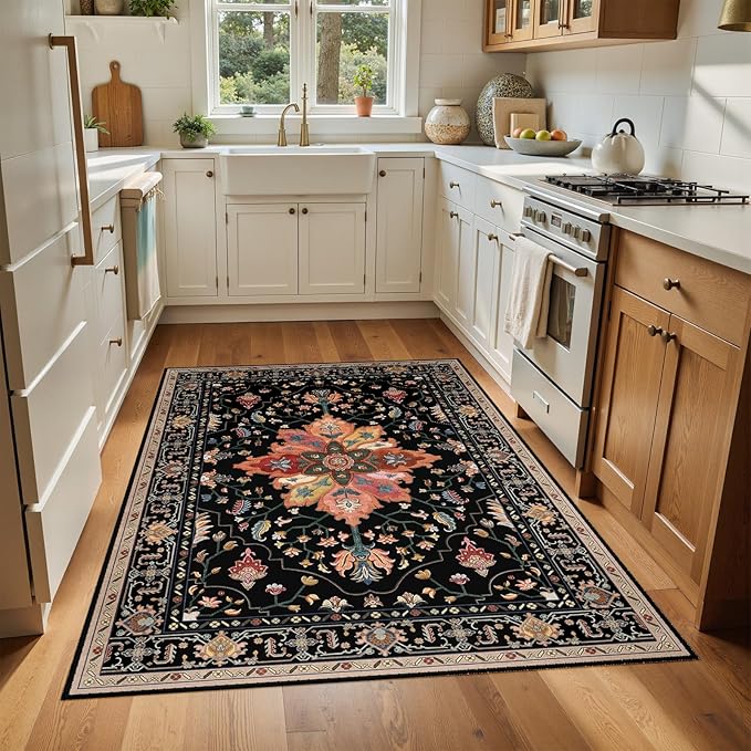RELEANY Area Rugs 4'x6' Washable Non-Slip, Floral Vintage Distress Medallion Carpet for Living Room Bedroom Dining Room, Black Colorful Floral Dark Tan