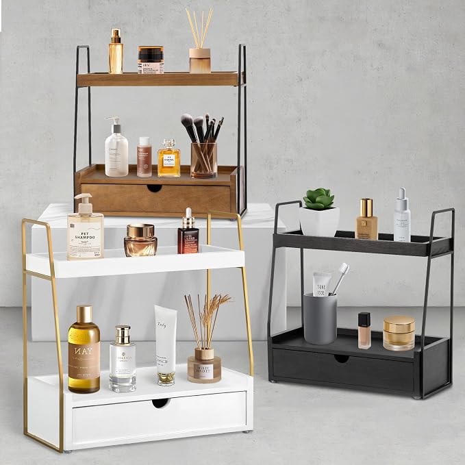 2-Tier Bathroom Organizer Countertop with Drawer, Wood Counter Organizer for Bathroom Decor, Sink Shelf for Vanity Storage, Makeup Tray for Perfume Skincare, Spice Rack Bedroom Kitchen Corner