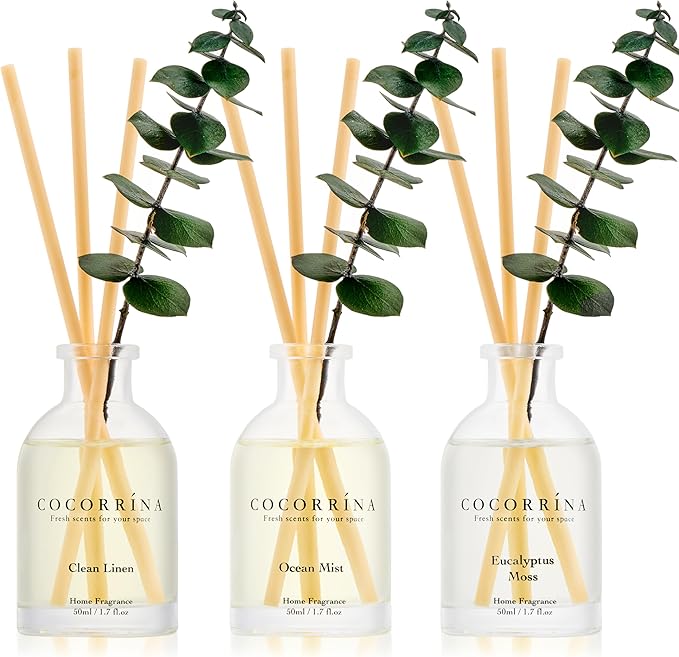 COCORRÍNA Eucalyptus Reed Diffuser Set of 3 - Eucalyptus & Moss, Clean Linen, Ocean Mist Scents, 1.7 fl oz Each, Total 5.1 oz, Scented Oil Diffusers for Home & Office