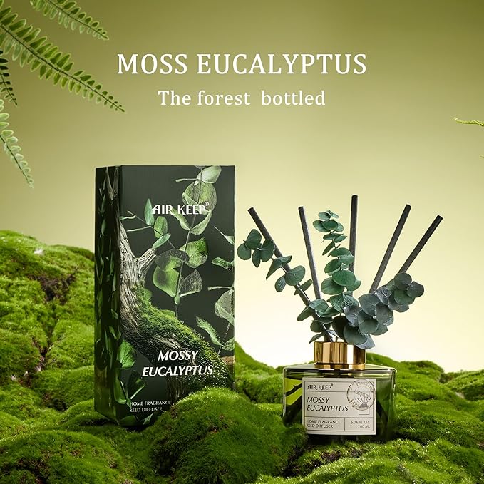 Airkeep Reed Diffuser Set with 6.76 fl oz Moss Eucalyptus Scent Essential Oils and 3 Leaves & 8 Diffuser Sticks,Bathroom Shelf Decor & Air Freshener, House Bedroom Office Decor & Gifts
