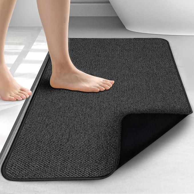 HOMTEB Bath Mat 17x27Inch, Thin Bath Mats Rugs with Rubber Backing Non-Slip, Absorbent,Quick Dry Machine Washable, Home Decor Accessories Cozy Cloth Bathroom Rugs fit Under Door/Sink/Tub-Black