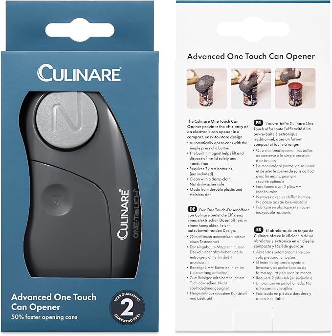 Culinare One Touch Electronic Tin Opener, Grey, Plastic/Stainless Steel, Automatic Can Opener, Battery Operated/Hands-Free Use/Magnetic Lid Removal, Batteries Not Included
