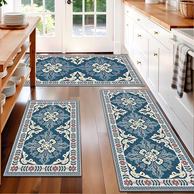 Kitchen Rugs Set of 3, Non-Slip & Washable Floor Mats, Water-Absorbent Area Pad, Standing Desk Mat for Office, Home, Doorway, Laundry, Kitchen Accessories (Retro Blue)