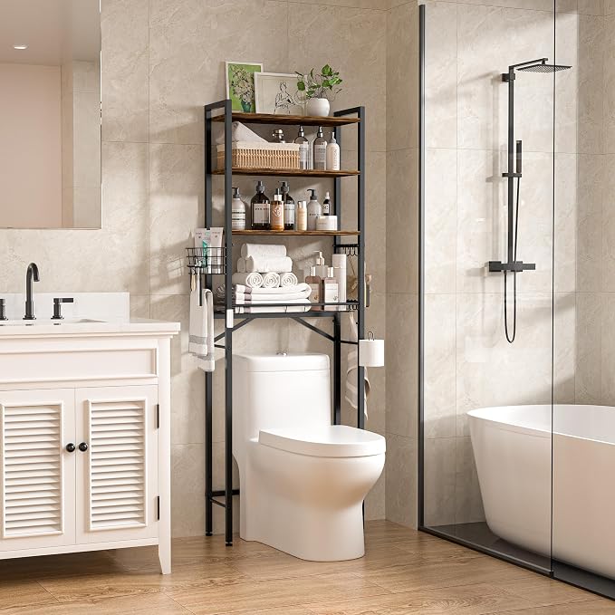 TETOTE Over-The-Toilet Storage Rack, 4-Tier Bathroom Organizer Shelf Over Toilet with Adjustable Shelf and Basket, Freestanding Space Saver Bathroom Shelves Above Toilet for Room(Brown)