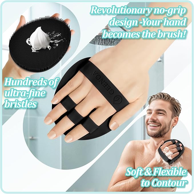Silicone Back Scrubber & Bath Glove Set 2PCS, 13.4'' Gentle Shower Back Scrubber with Dual-Side Head Non-Slip Handle, 360° Anti-Slip Hand-fit Bath Glove for Rich Foaming Deep Cleaning(Black)
