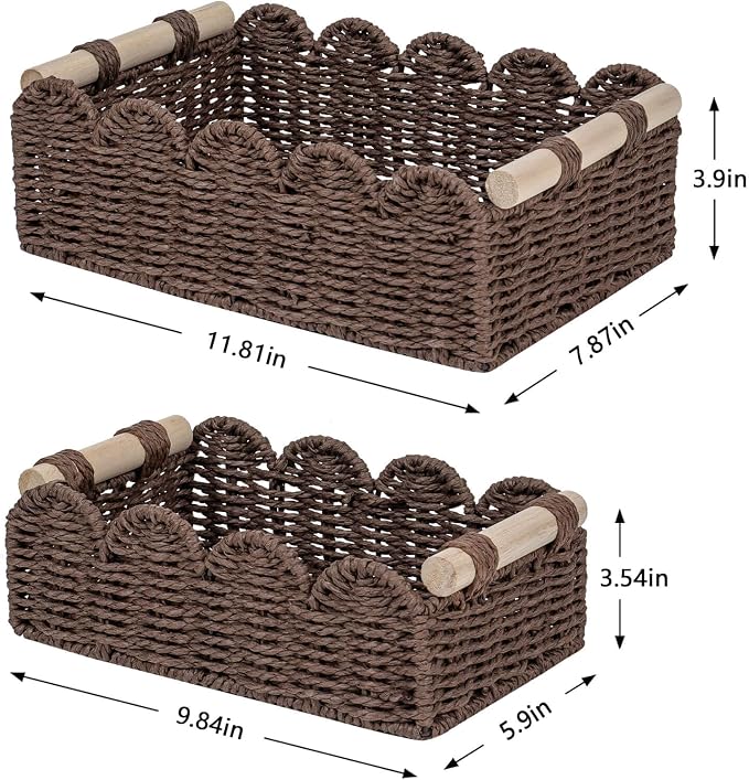 CubesLand Toilet Paper Storage Organizer Basket, Scalloped Decorative Baskets for Over Toilet Shelves, Wicker Small Basket Perfect for Home Countertop Storage & Decor, Living Room Shelf Decor, Brown