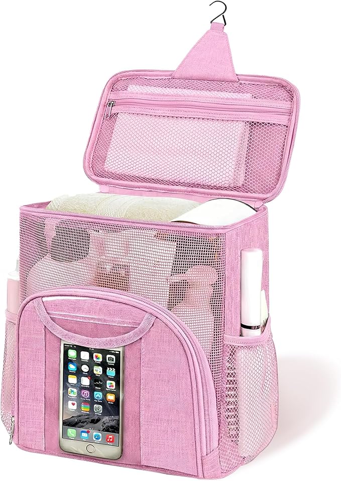 Attmu Mesh Shower Caddy Portable Dorm Tote Bag, Quick Dry Hanging Toiletry Bag, Large Capacity Shower Bag for College Dorm Room Essentials for Boys and Girls for Bath Camping (Light Pink)