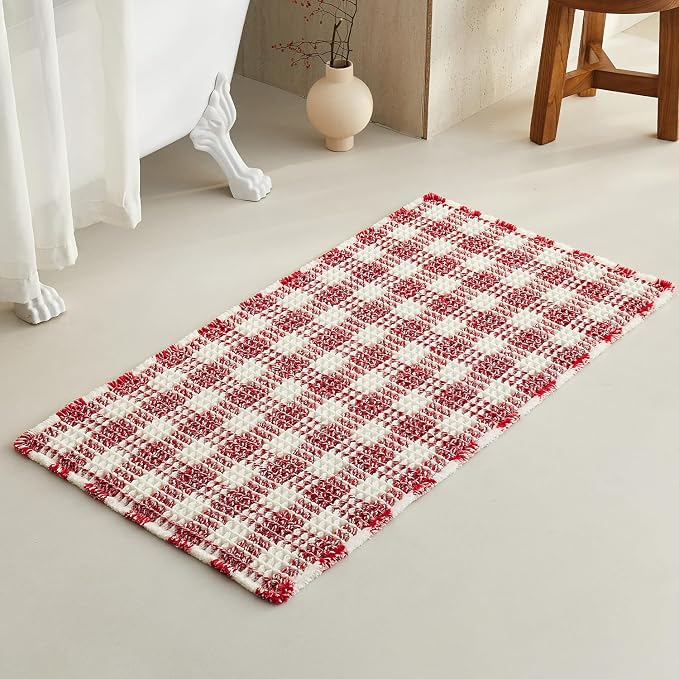 TYUU Waffle Bath Mat, Boho Christmas Bathroom Rugs Non Slip Washable Absorbent Checkered Bathroom Mat Quick Dry Cute Bath Mat, 48"x24" Red and White