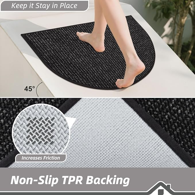 BEQHAUSE Dirt Trapper Door Mat 26" x 40" Half Circle Non-Slip Washable Doormats Entrance Rugs Absorbent Welcome Low Profile Floor Mats for Front Back Door and Entryway, Black