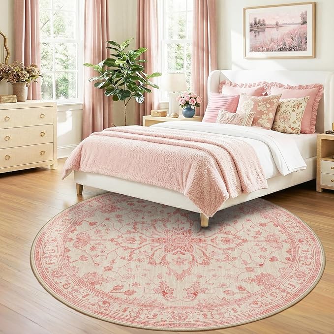 RELEANY Area Rugs Round 8ft Washable Non-Slip, Floral Vintage Distress Medallion Carpet for Living Room Bedroom Dining Room, Pink Light Vintage Pink