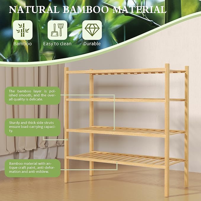 ROMGUAR CRAFT 4 Tier Bamboo Shoe Rack for Closet Free Standing Wood Shoe Shelf for Entryway Small Space Stackable 27"x11"x26" (Natural)