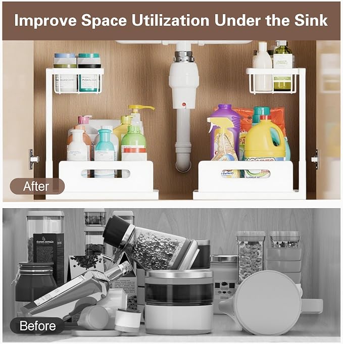VUSIGN 2 Tier Under Sink Organizer and Storage, Slide Out Pull Out Cabinet Organizer Shelf, Storage for Kitchen Bathroom Laundry, 1Pack, White
