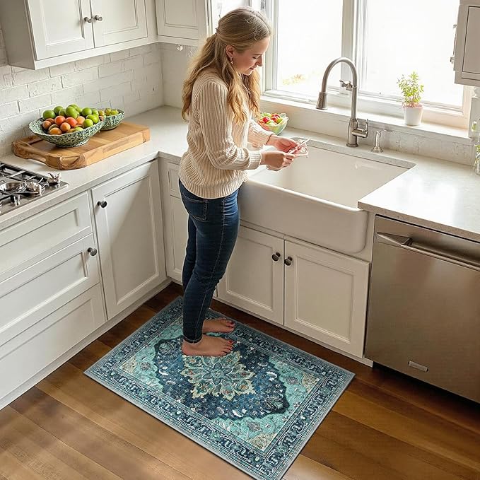 RELEANY Area Rugs Small 2'x3' Washable Non-Slip, Floral Vintage Distress Medallion Carpet for Kitchen Entryway Bathroom, Teal Green Lake Blue Turquoise
