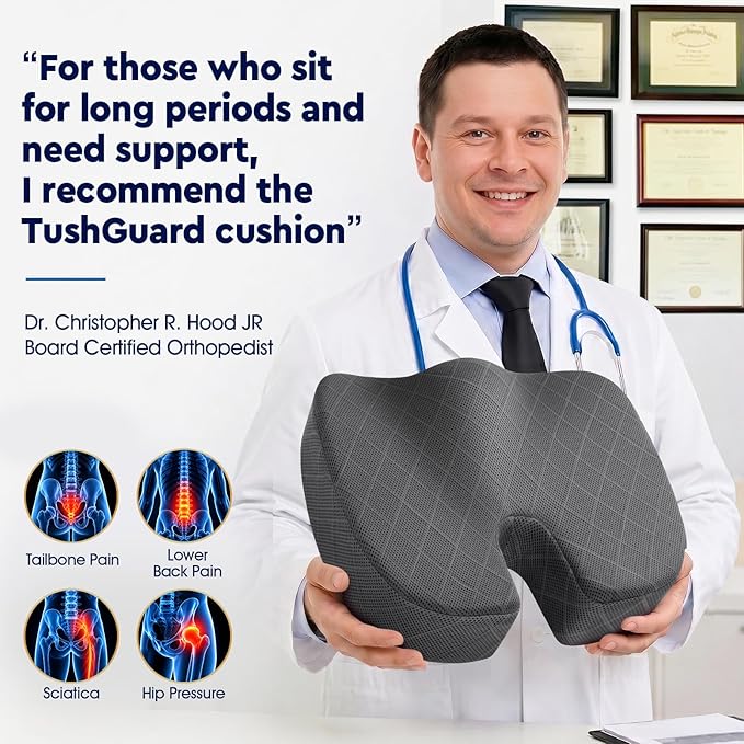 TushGuard Seat Cushion - for Office Chair, Car Seat, Airplane, Bleacher - Sciatica & Coccyx Pain Relief Desk Chair Cushion for Long Sitting Office Workers, Car Drivers(Grey, XXX-Large)