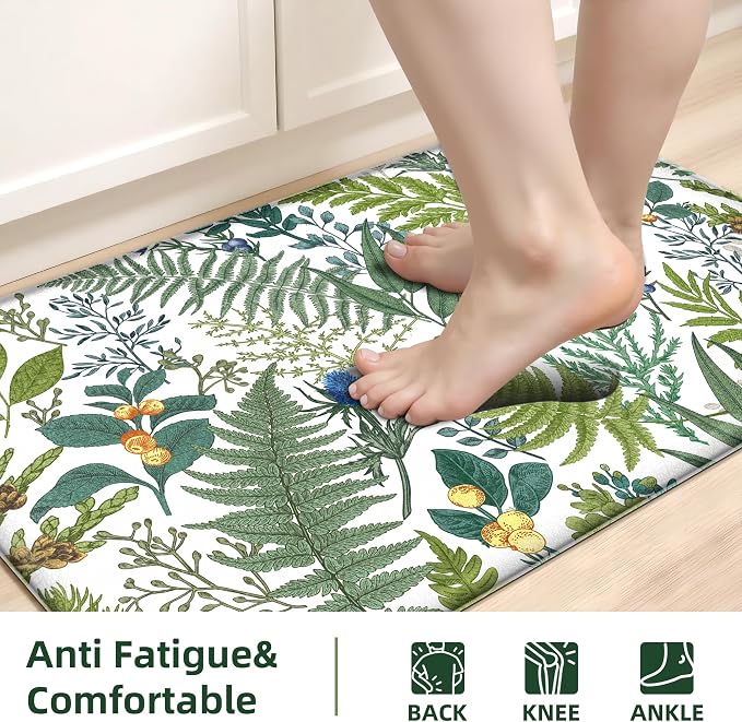 White Green Botanical Kitchen Rugs Set of 2 Plant Leaf Anti-Fatigue Kitchen Mat Natural Comfort Standing Waterproof PVC Mats 2/5" Thick Leather Carpet for Laundry Office Sink(17.3" x28" + 17.3" x 47")