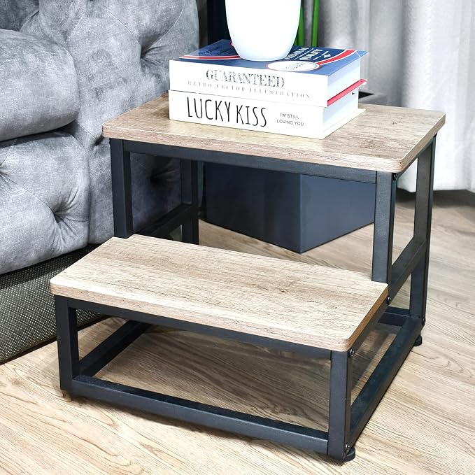 SZLHANJZ Step Stool, Wood and Metal Step for Adults Kids, Bedside Stepping Stool for High Bed with Round Corners, 2 Steps Foot Stool for Kitchen Bedroom, Load 500 LB, Beige