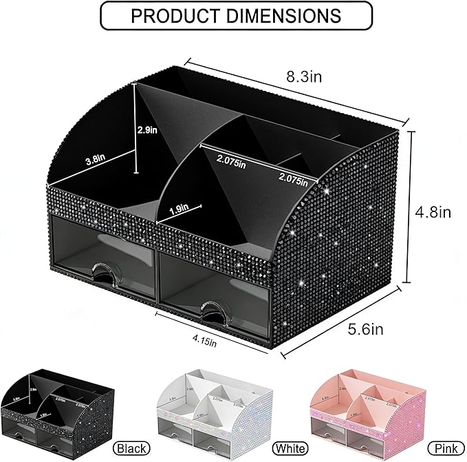 Bling Makeup Organizer with Drawers, Cosmetic Storage for Dresser Vanity and Bathroom Countertop, Beauty Holder for Lipstick Brush, Skincare Organizer for Vanity, Cosmetic Display Case Bling Black