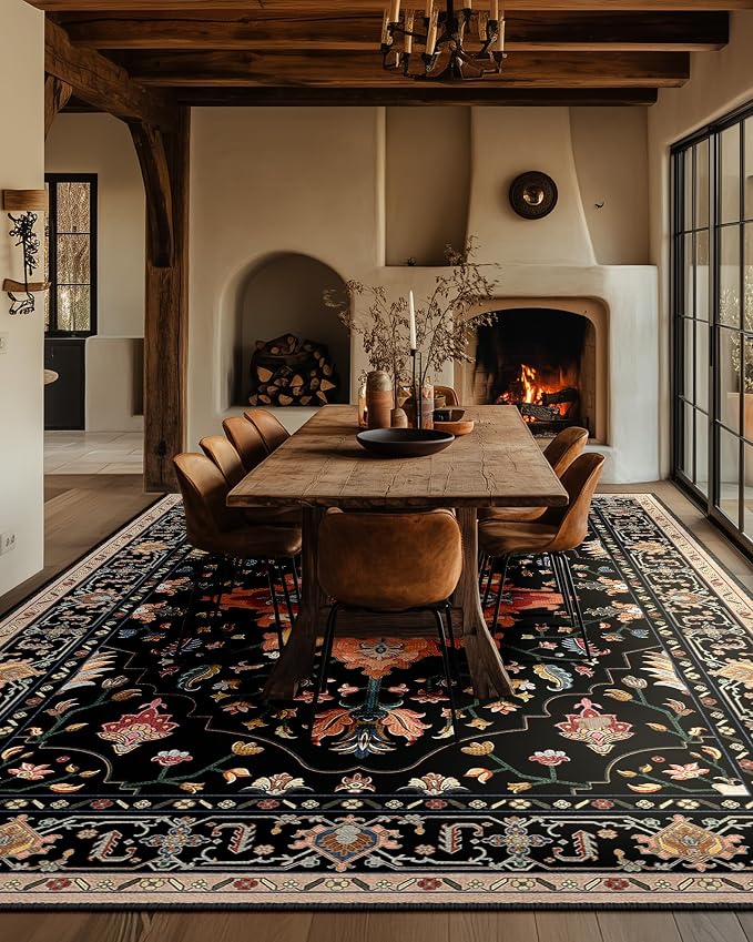 RELEANY Area Rugs Large 10'x14' Washable Non-Slip, Floral Vintage Distress Medallion Carpet for Living Room Bedroom Dining Room, Black Colorful Floral Dark Tan