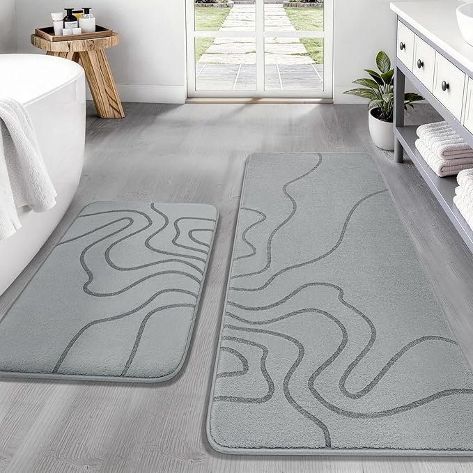 YIHOUSE Memory Foam Bathroom Rugs Sets 2 Piece - Extra Thick Ultra Soft Absorbent Bath Mat Set, Non-Slip Machine Washable Bath Rugs for Bathroom, Tub & Shower, Home Decor (17"x24"+20"x46", Grey)