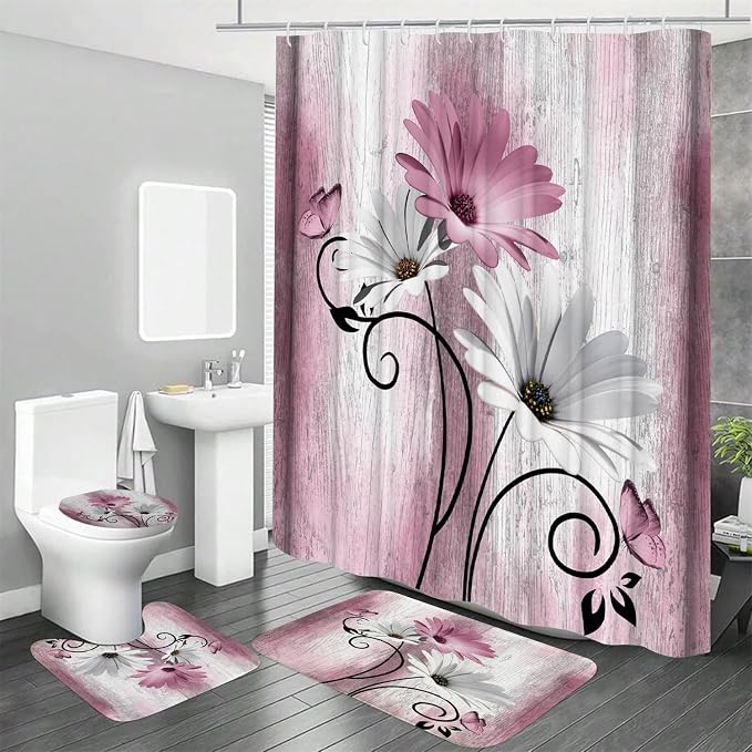 Onalasyc 4PCS Pink Daisy Flowers Butterfly Shower Curtain Set with Shower Curtain and Carpet and Accessories, Waterproof Bathroom Shower Curtain Decorative Set with 12 pcs Hooks,71 x 71in