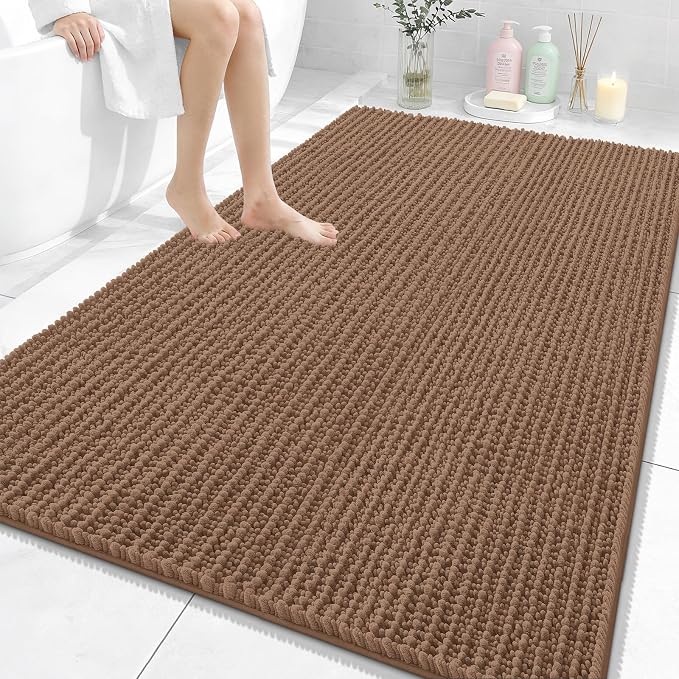 OLANLY Bathroom Rug Mat 59x35, Thick Soft and Absorbent Chenille Bath Mat, Non-Slip Rubber Backing, Machine Washable Quick Dry Bath Rugs for Tub Shower Floor, Home Decor Accessories, Mocha