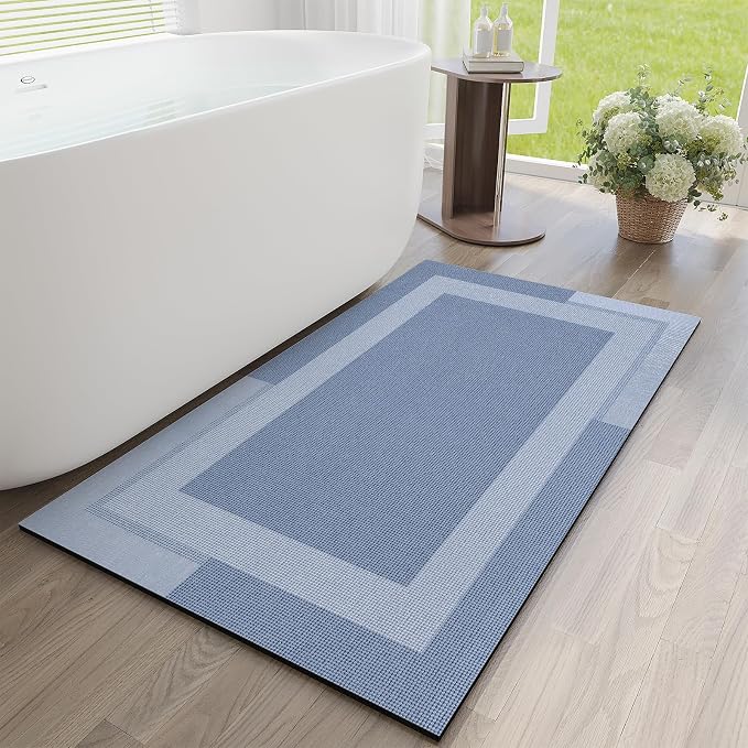 YDKGL Non Slip Long Bath Mat Bathroom Runner, Rubber Backing Ultra Thin Bathroom Rugs Fit Under Door Quick Dry Super Absorbent Washable Bath Rug Shower Mat for Bathtub Sink Floor, Blue 24"x48"
