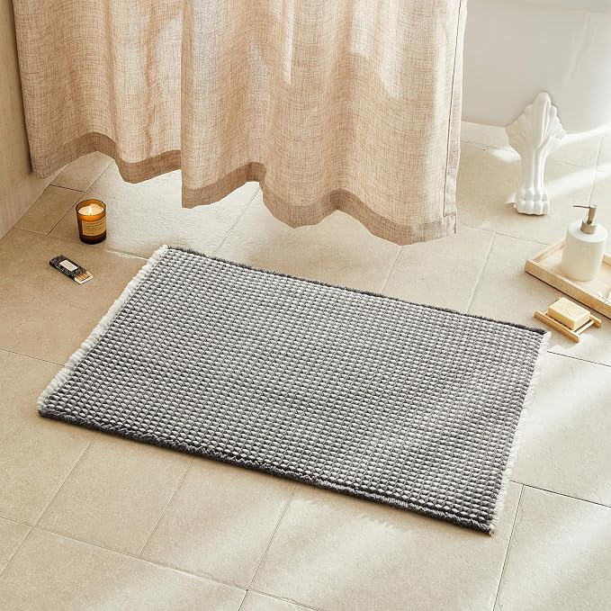 TYUU Waffle Bath Mat, Boho Bathroom Rugs Non Slip Washable Super Absorbent Quick Dry Bath Mat Farmhouse Bathroom Decor, 36"x24" Grey and White