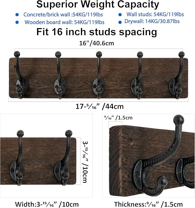 WEBI Rustic Coat Rack Wall Mount,5 Cast Iron Coat Hooks Wall Mounted,Heavy Duty Wood Wall Coat Hanger Hooks for Hanging Coats,Jacket,Clothes,Backpack,Farmhouse,Weathered Brown