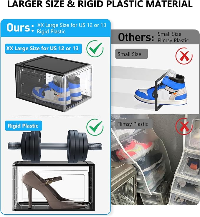 XX-Large Clear Shoe Storage Boxes with Magnetic Door, Thickened Stackable Shoe Organizer 10 Pack, Sneaker Display Case for Closet Organization Storage, Dust-Proof Space Saving System, Black Clear
