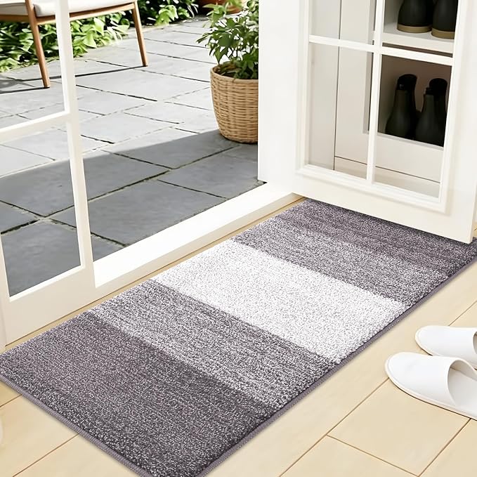 Kitinjoy Indoor Outdoor Door Mat, 44x24 Non-Slip Absorbent Dirt Trapper, Low-Profile Washable Inside Entrance Front Floor Mat, Sturdy Soft Entry Doormats for Entryway, Light Grey