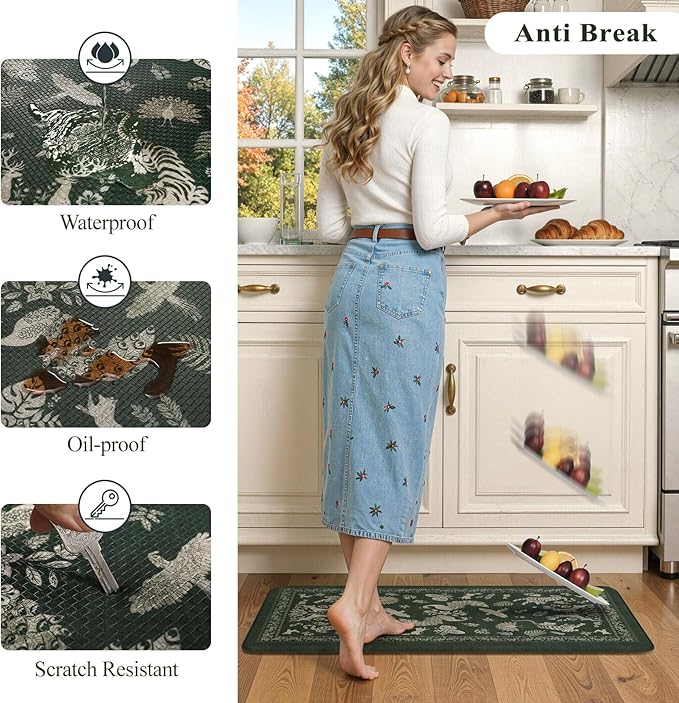 LEEVAN Anti Fatigue Mats for Kitchen Floor Non-Slip, Cushioned Kitchen Mats for Floor 2 Piece, Dark Green Memory Foam Kitchen Mat Set, Waterproof Ergonomic Standing Mat for Bar, Office,Desk, Laundry