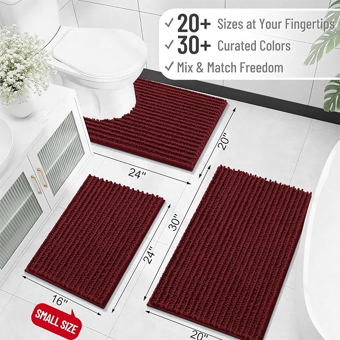 OLANLY Long Bathroom Rugs Runner 47x24, Thick Soft and Absorbent Chenille Bath Mat, Non-Slip, Machine Washable Quick Dry Bath Rugs for Tub Shower Floor, Home Decor Accessories, Burgundy