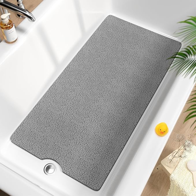 HITSLAM Non Slip Bathtub Mat 40 x 20 Inch, Extra Long Bath Mat for Tub, Soft PVC Loofah Shower Floor Mat with Drain, Quick Drying Bathroom Tub Mat for Wet Area, Without Suction Cup, Grey