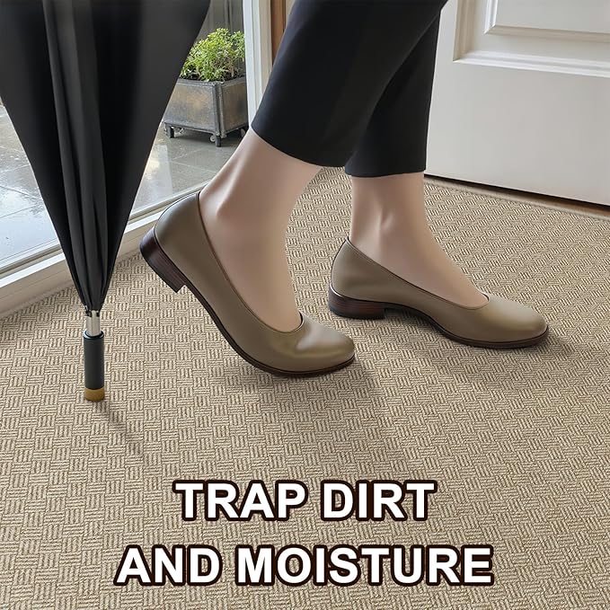 Ultra Thin Door Mat Indoor Entrance 24"x36", Low-Profile Indoor Door Mat, Non Slip Rubber Backing Welcome Entry Mat, Dirt Trapper Entryway Mat Inside Doormat, Khaki