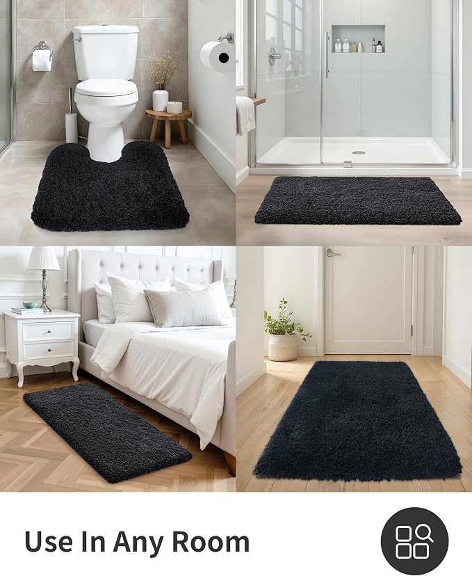 ILANGO Black Bathroom Rugs 60" × 24" Non Slip & Super Absorbent Thick Soft, Washable Bath Carpet Runner for Floor, Microfiber Plush Shaggy Bath Mats with Rubber for Bedroom Bathtub Shower Room